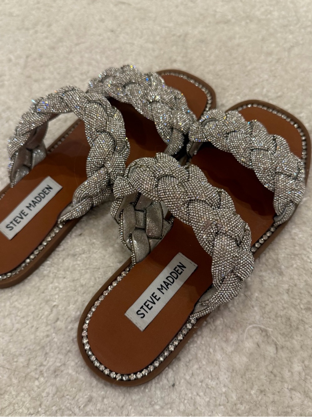 Steve Madden Silver Crystal Braided Slide Sandals